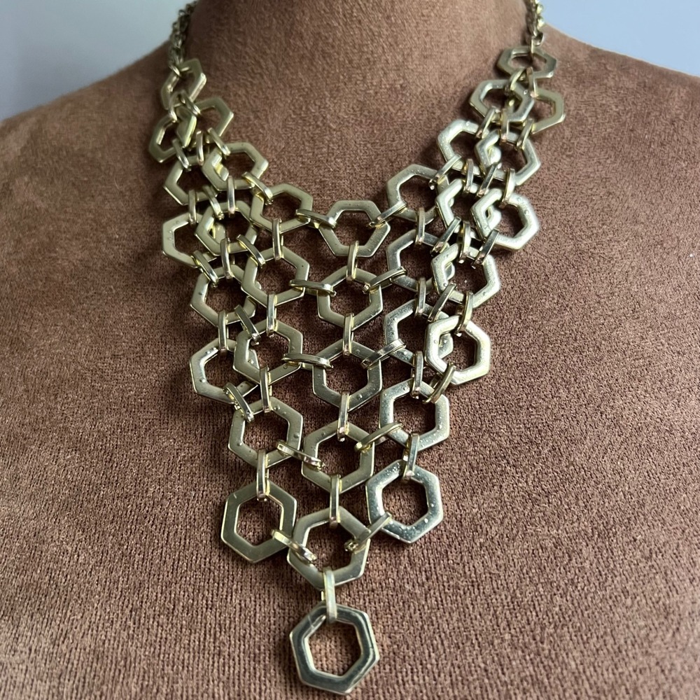 14th & Union Gold Tone Hexagon Honeycomb Bib Statement Necklace 17-20" Gorpcore